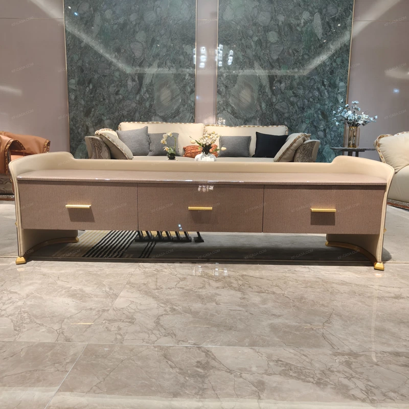 Elegant Curved TV Stand with Textured Panels, Cream Frame and Brushed Gold Hardware
